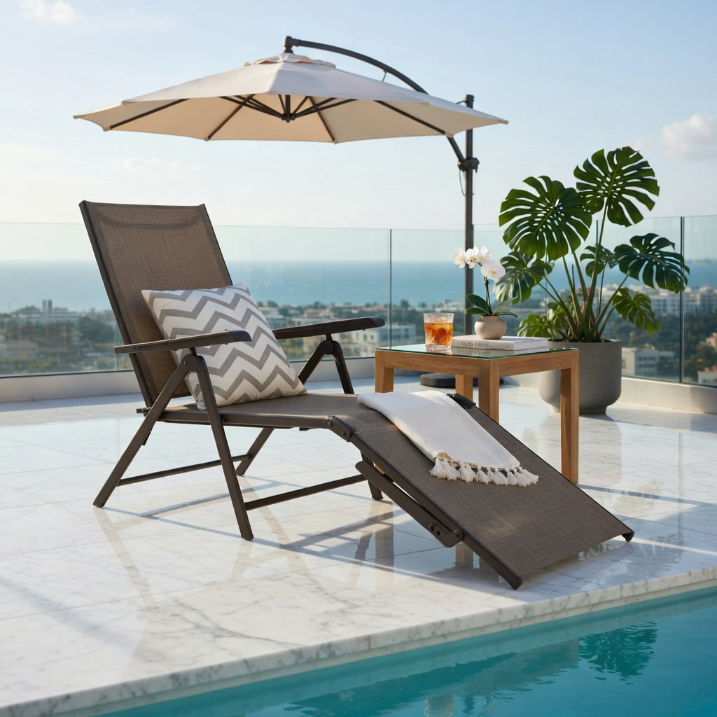 Hommoo Foldable Outdoor Chaise Lounge Chair with Adjustable Backrest & Footrest, Steel Frame for Patio, Poolside & Garden, Brown