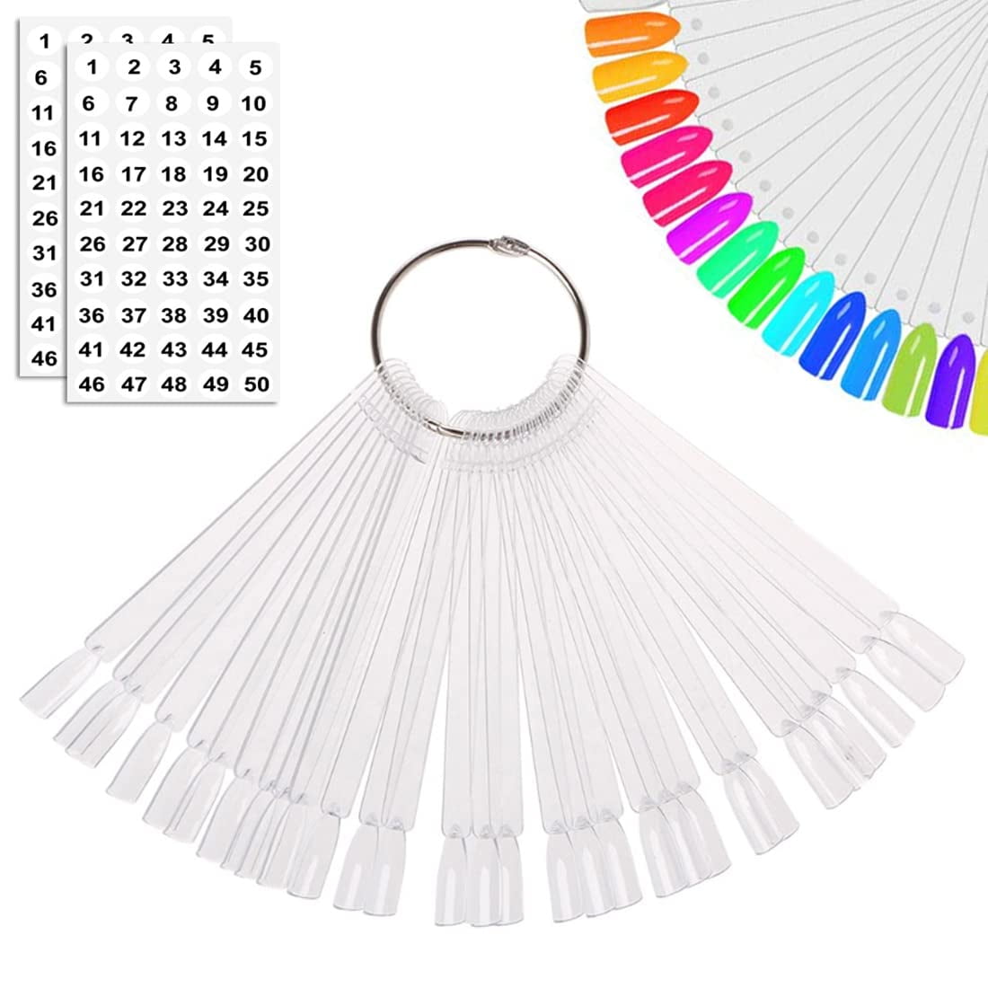 50 Pcs Nail Swatch Sticks with Ring and Number posted, Clear Fanshaped
