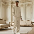 thumbnail image 2 of Solid-Color Textured Casual Collared Pullover Long-Sleeve Top And Pants Sports Set, 2 of 5