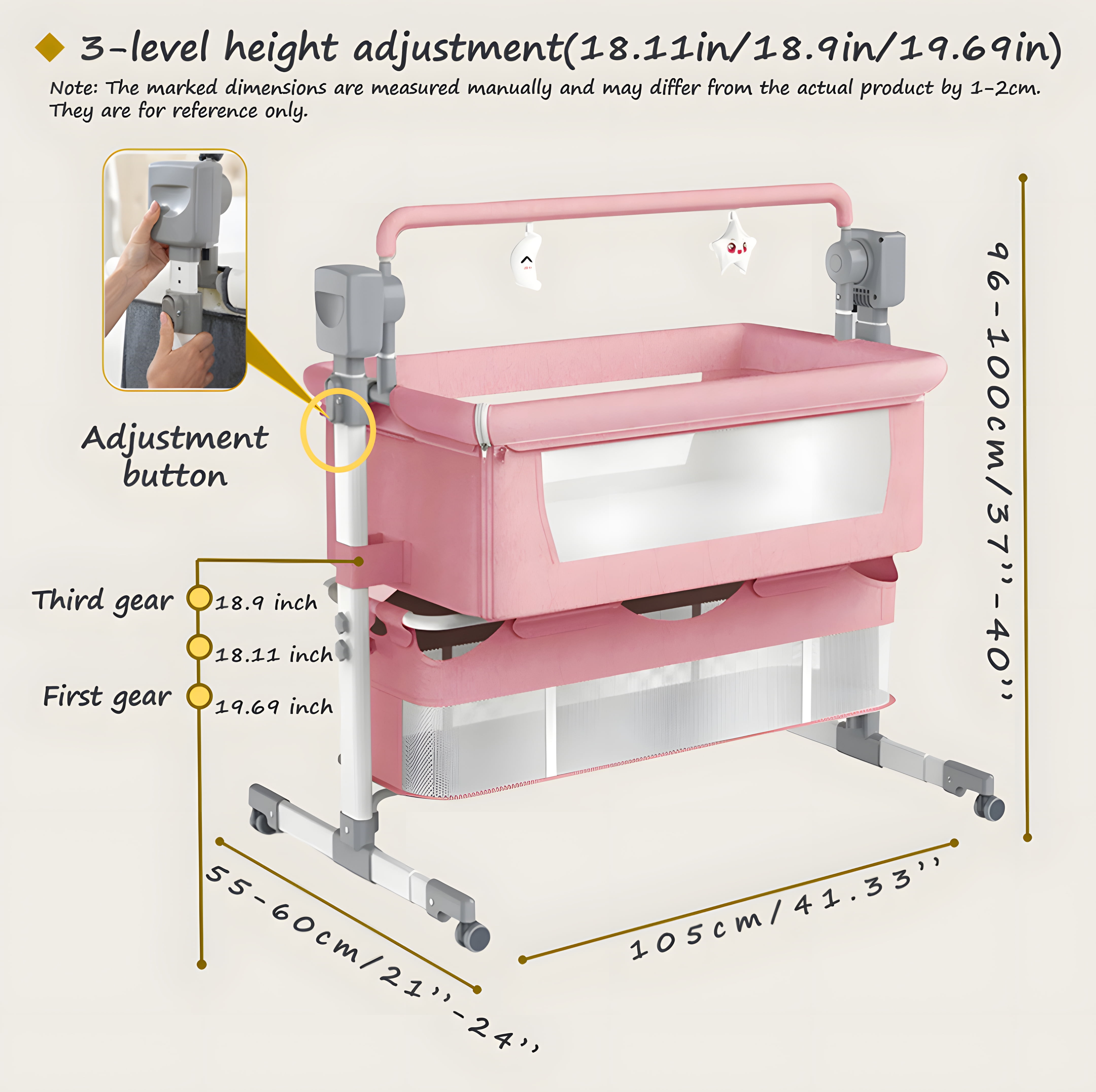 IRIS Baby Electric Baby Bassinet,Baby Swing,Baby Bedside Crib with 3-Level Height Adjustment, Mosquito Net for Newborns, Unisex,Pink
