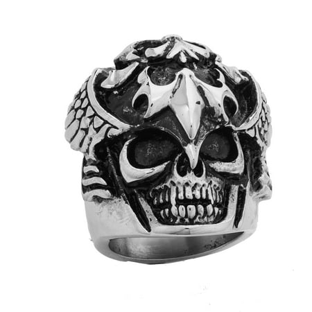Winged Skull Ring Stainless Steel Heavy and Solid Skull Ring with Wings and Fleur De Lis design (Available in Sizes 10 to 14) Size 11 ()