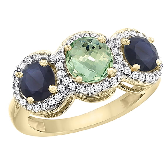 10K Yellow Gold Natural Green Amethyst & High Quality Blue Sapphire Sides Round 3-stone Ring Diamond Accents, size 5