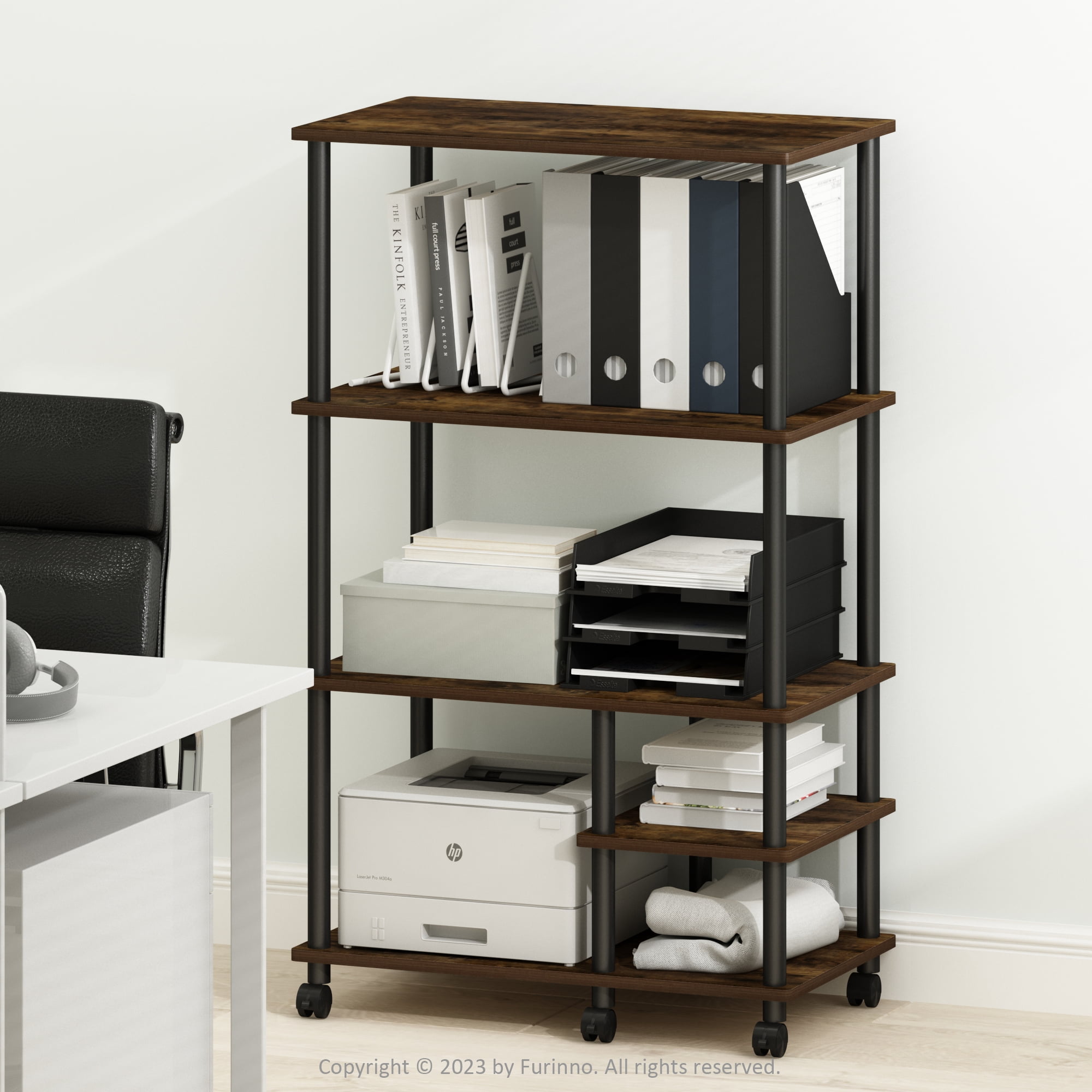 Furinno Turn-N-Tube 4-Tier Toolless Multipurpose Printer Stand Display Storage Shelf with Wheels, Amber Pine/Black