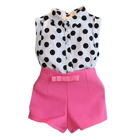 Kids Baby Girls Sleeveless Polka Dot T-Shirt Tops Pink Shorts Hot Pants Outfits Set 90