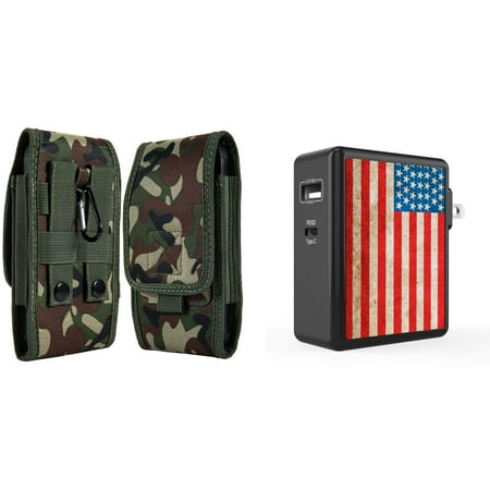 

Pouch and Wall Charger Bundle for Orbic Maui+: Vertical Rugged Nylon Belt Holster Case (Green Camo) and 45W Dual USB Port PD Type-C and USB-A Power Adapter (Vintage American Flag)