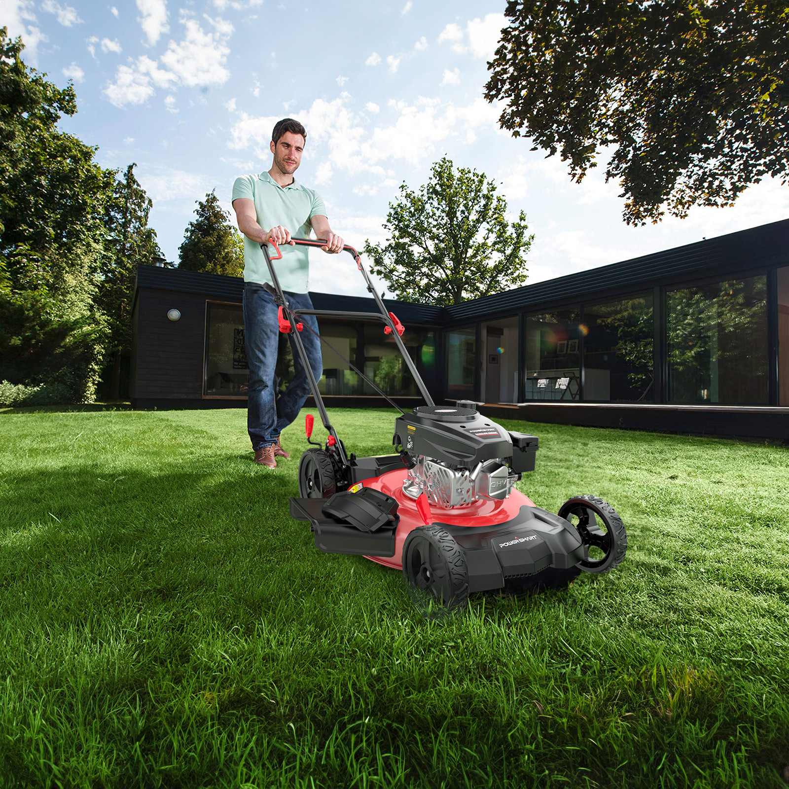 PowerSmart 21-Inch 144cc Gas Push Lawn Mower, 2-in-1 Side Discharge & Mulching, Walk-Behind, Easy-Start Engine