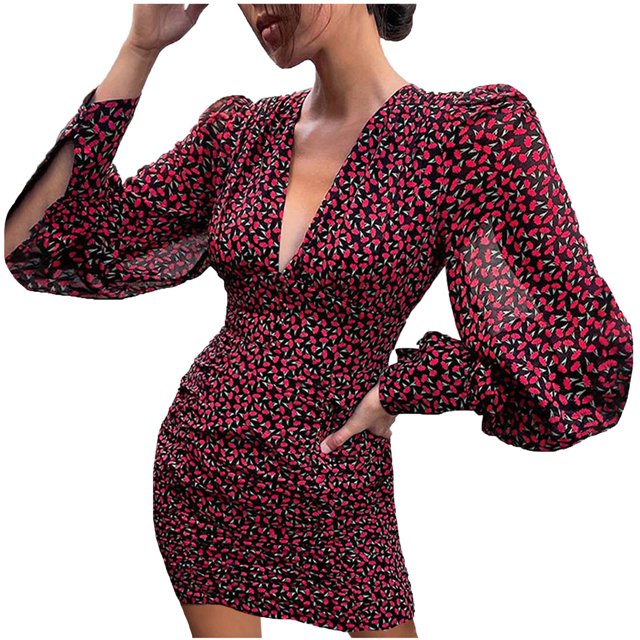 Robe à Manches Longues pour Femmes Sexy Mode Femmes Sexy Décontractée Imprimée Robe Col en V Manches Longues Mini Robe Décontractée Robe Sexy pour Femmes Mini Robe Sexy Longue pour Femmes Décontractée