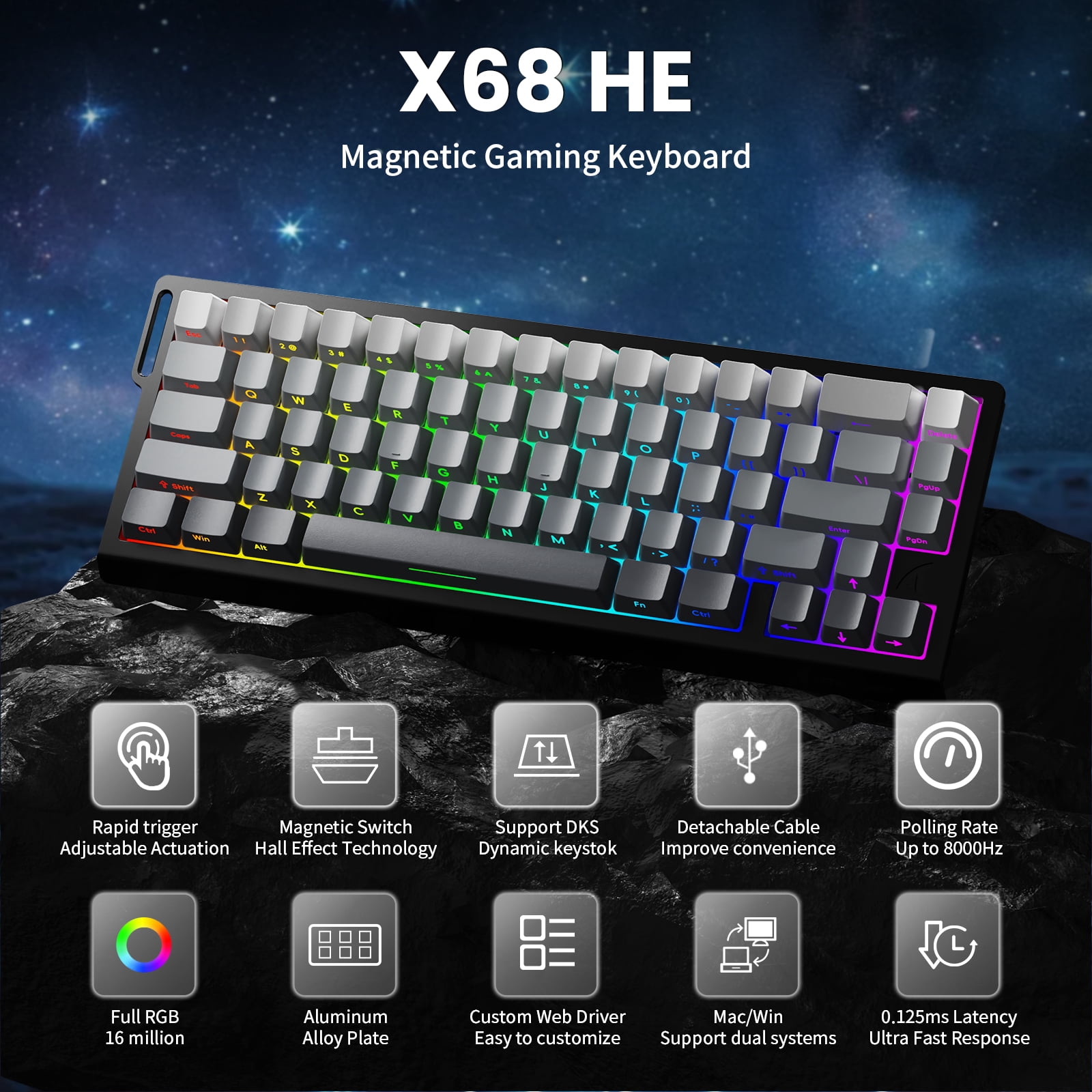ATTACK SHARK X68 HE Rapid Trigger Keyboard Magnetic Switch 60% Wired 8KHz Magnetic Keyboard With 0.01mm RT Accuracy, Support RT/Snap Tap/DKS/MT/TGL