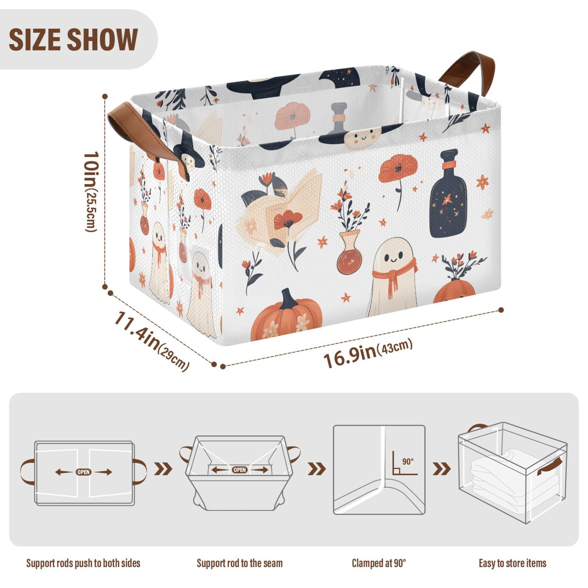 Yayeee Foldable Storage Basket for Shelves with Handles Waterproof Cloth Bins, White Cartoon Halloween Ghosts