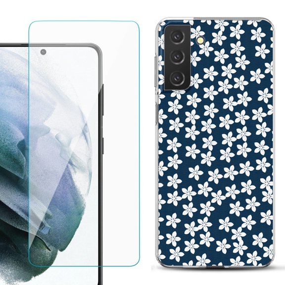 Slim-Fit TPU Fashion Phone Case for Samsung Galaxy S21 FE 5G Fan Edition, with Tempered Glass Screen Protector, by OneToughShield ® - Flower/Blue