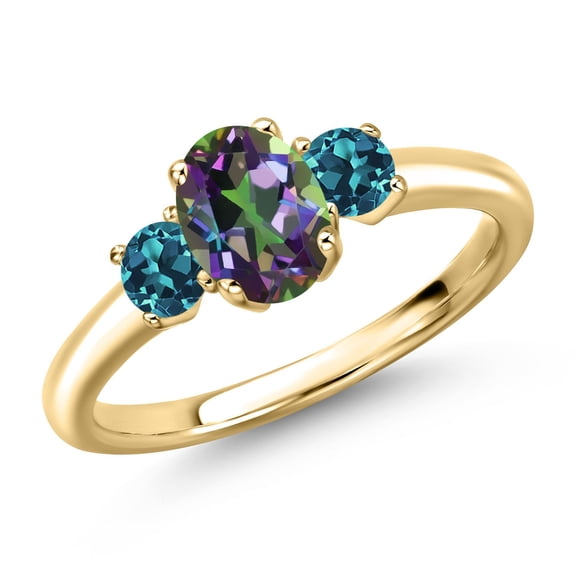 Gem Stone King 10K Yellow Gold Green Mystic Topaz and London Blue Topaz Engagement Ring for Women | 1.44 Cttw | Oval 7X5MM | Gemstone November Birthstone | Size 7