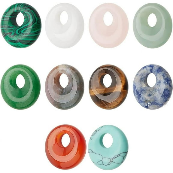 DIY 10 Pcs 10 Styles Natural Donut Gemstone Charms 17.5mm Flat Round Mixed Natural and Synthetic Donut Stone Beads Pendants Natural Stone Pendant for Jewelry Making Hole: 5.5mm DIY