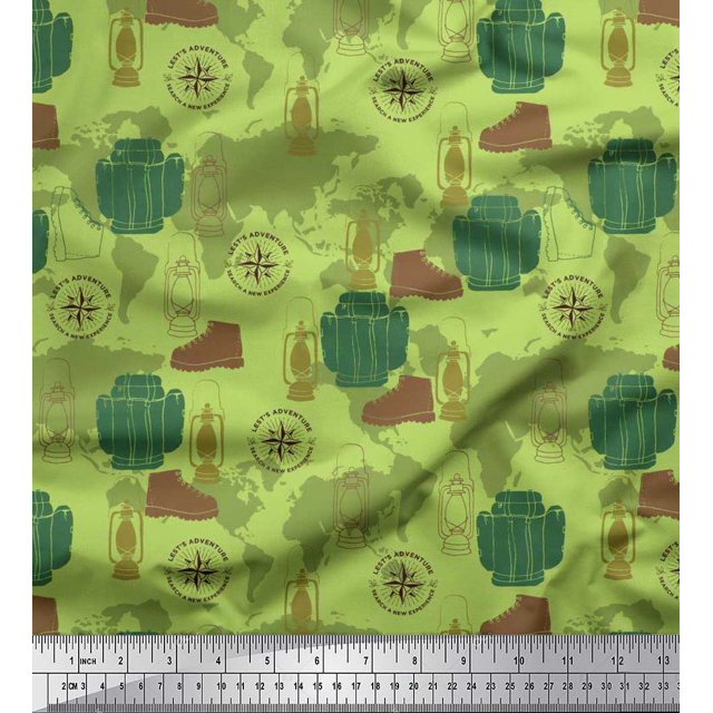 Soimoi Poly Georgette Fabric Bag,Direction Compass & Shoes Travel Print Fabric by The Yard 52 Inch Wide