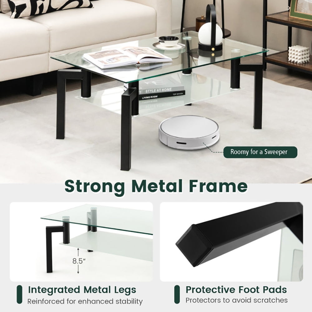 Finihen Coffee Table, Glass Coffee Table, 2-Tier Rectangular Glass Coffee Table with Metal Tube Legs, for Living Room, Reception Room, Black Finihen Coffee Table, Glass Coffee Table, 2-Tier Rectangular Glass Coffee Table with Metal Tube Legs, for Living Room, Reception Room, Black