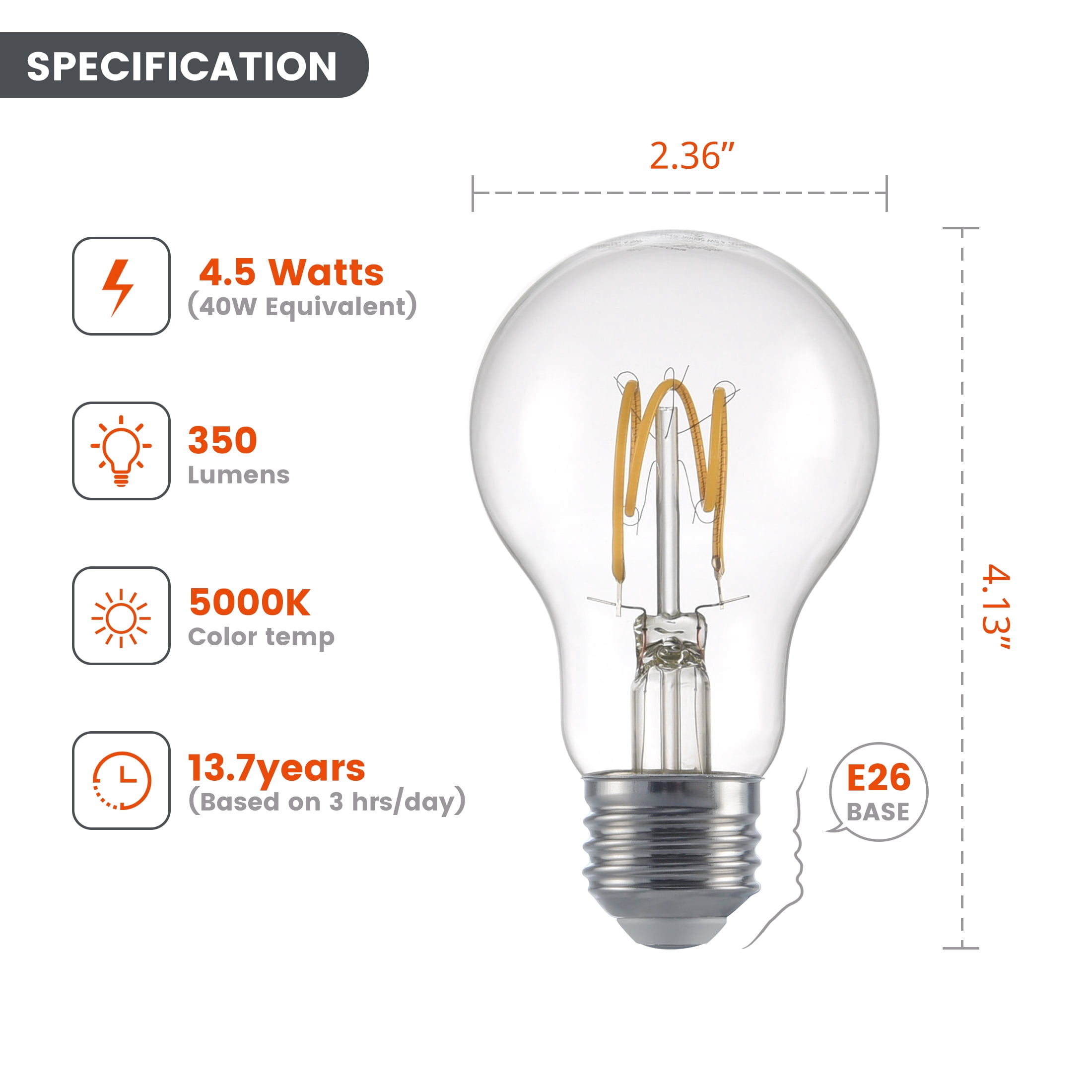 BHG LED Light Bulb, 4.5-Watts (40W Equivalent) A19 Vintage Bulb, E26 Base, Dimmable, Daylight, 4Pack