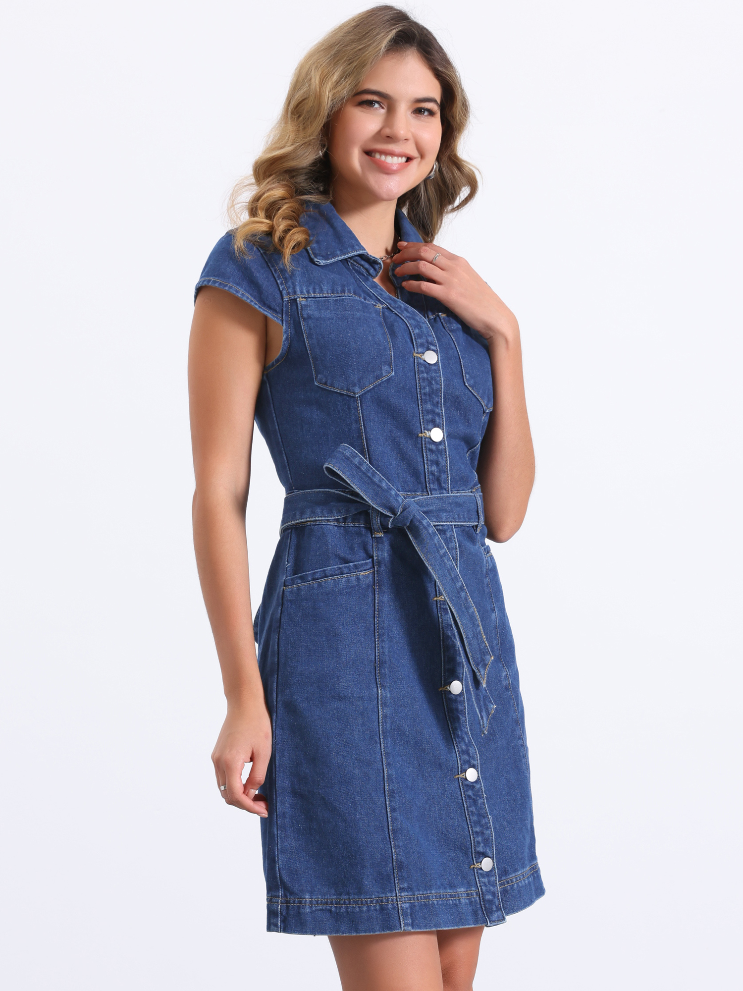DARING DIVA Women's Cap Sleeve Belted Button Down V Neck Jean Shirt Dress S Dark Blue