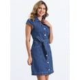 thumbnail image 3 of DARING DIVA Denim  Cap Sleeve Belted Button Down V Neck Dress XS Dark Blue, 3 of 6