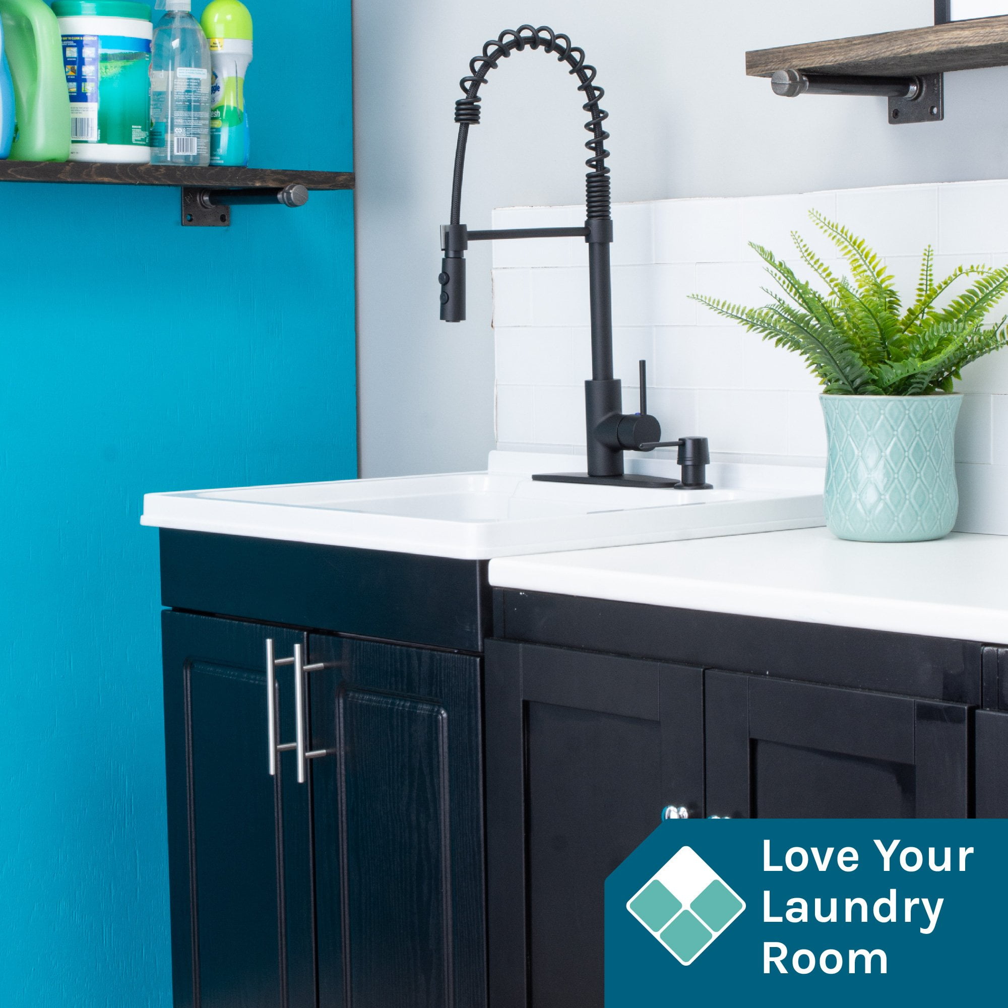 Tehila Black Utility Sink Vanity with Black Finish Hi-Arc Coil Faucet