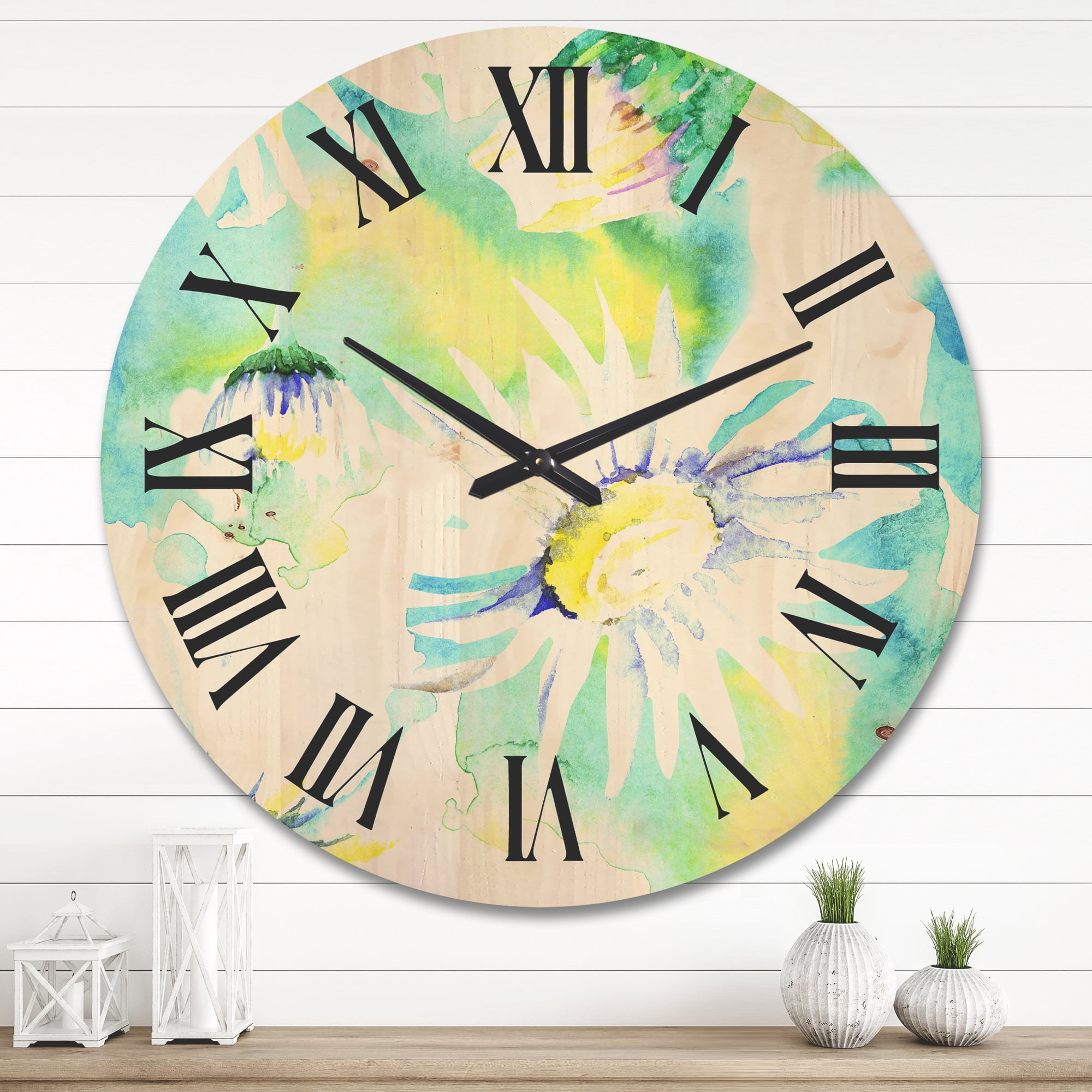 Designart 'Aquarelle Impression of Daisy Flowers II' Traditional Wood Wall Clock