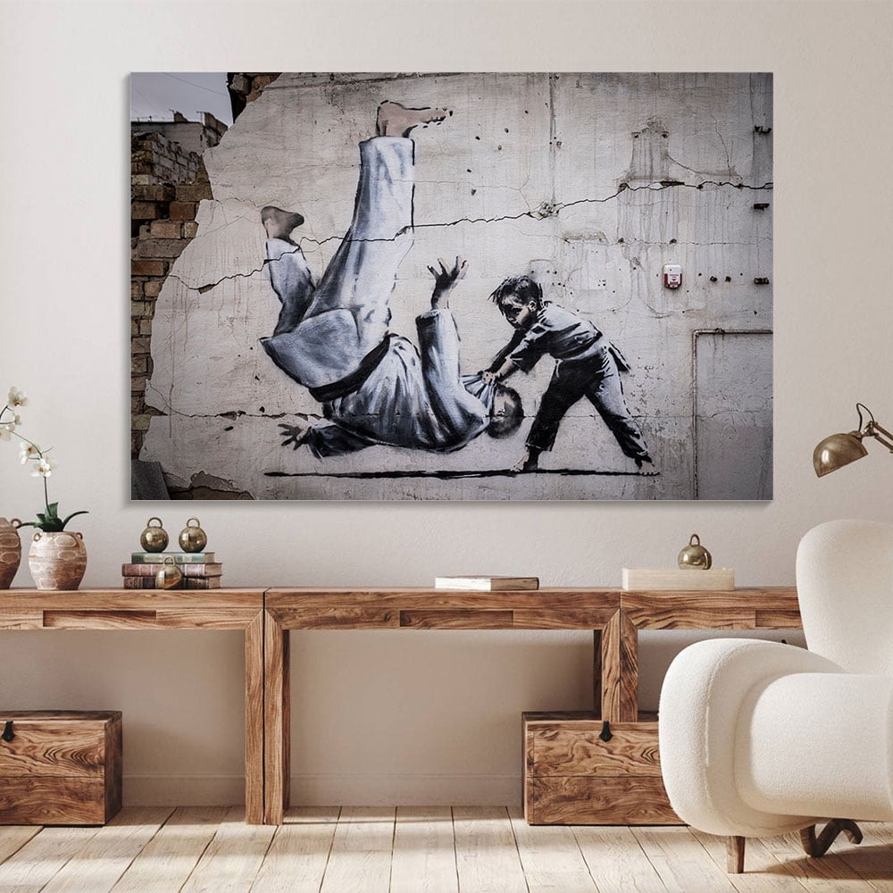 Banksy Judoka 3D Canvas, Handmade Gift, Painting Poster, Judoka Graffiti Wall Hanging, Banksy Boy Art Canvas, 8D Canvas, Decor Canvas(40" W x 30" H，Framed)