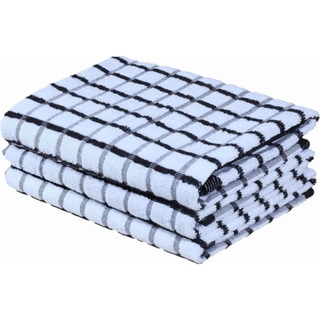 FRKSMD-Kitchen Towels Black/White Set of 3 Terry Kitchen Towels 100% Cotton Ultra Soft Size 20X30 Inches Highly Absorbent Over Sized KitchenTowels with Hanging Loop KitchenTowels