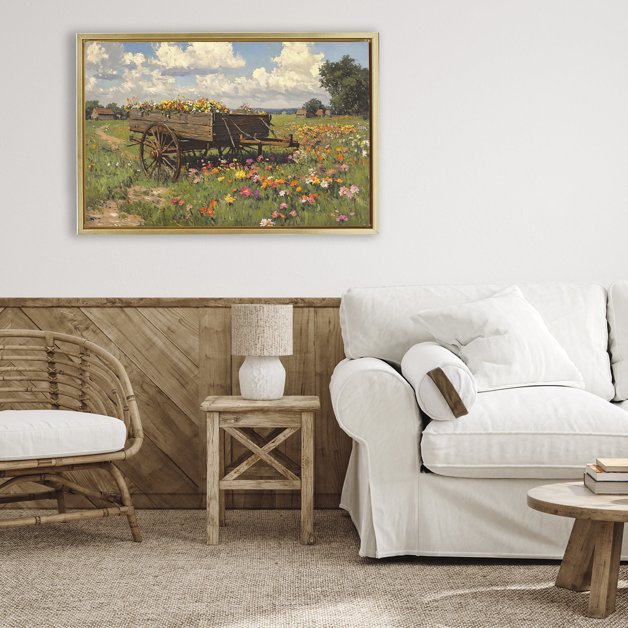 Stupell Industries Wildflower Wagon in Bloom Gold Framed Floater Canvas Wall Art, design by Franklyn Gregory