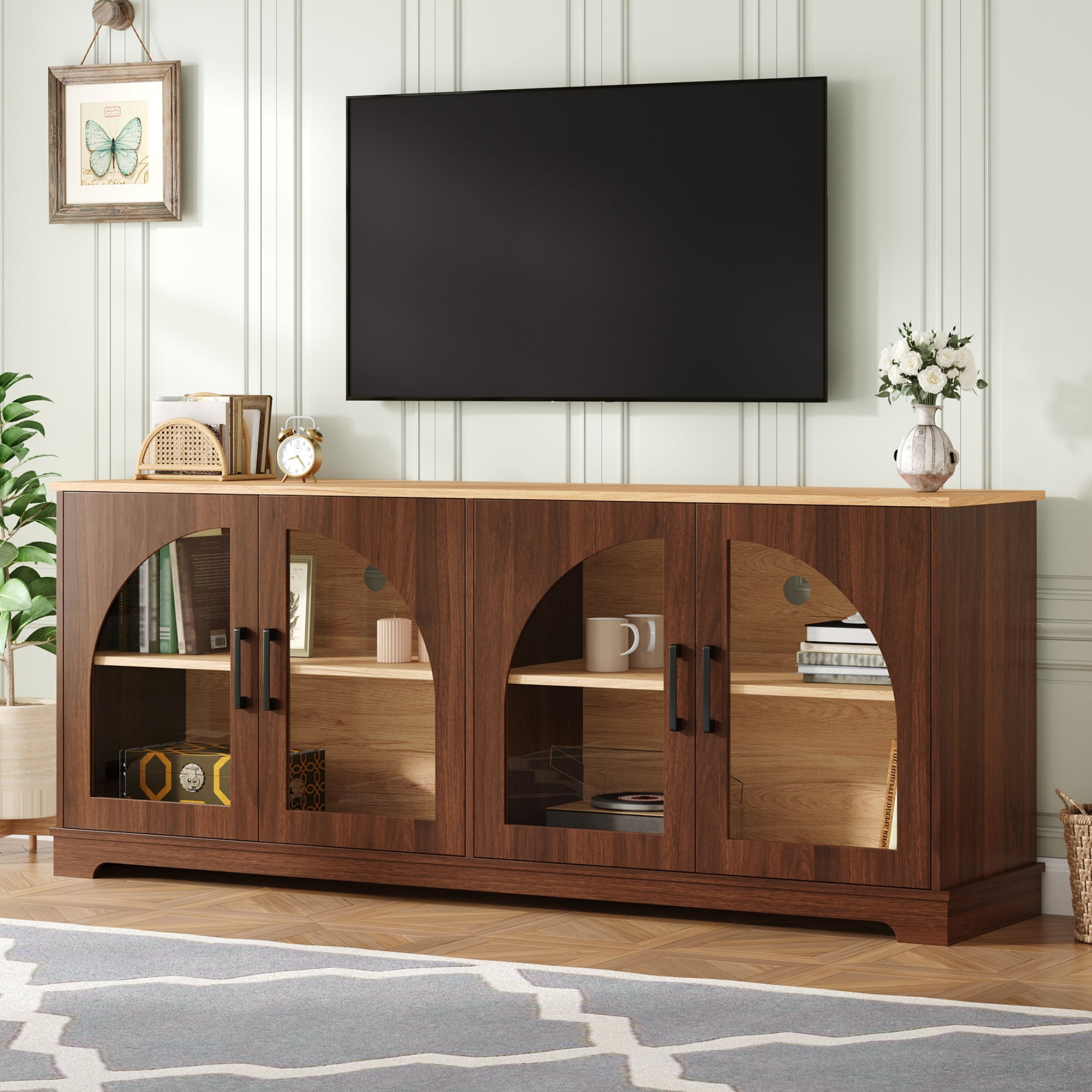 Miniyam Farmhouse TV Stand for TVs up to 70″ - Semi-Arched Glass Door Media Console with Adjustable Shelves & Cable Management, Walnut