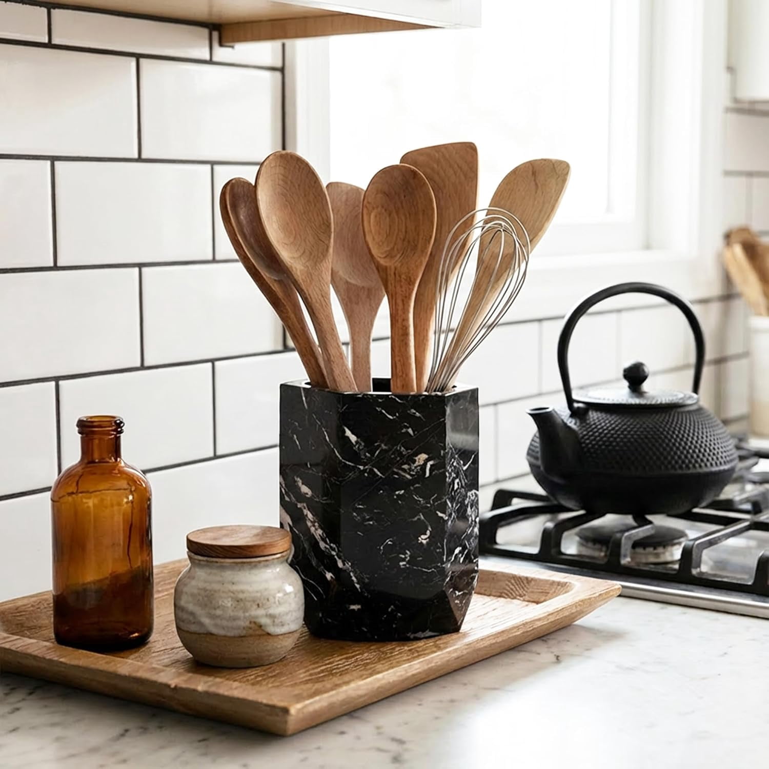 Elborse Marble Utensil Holder 6.5 inches Black Spatula Set for Kitchen Counter, Ideal Cooking Utensils Jar and Kitchen Essentials Organizer, Ideal Utensil Caddy and Spoon Holder