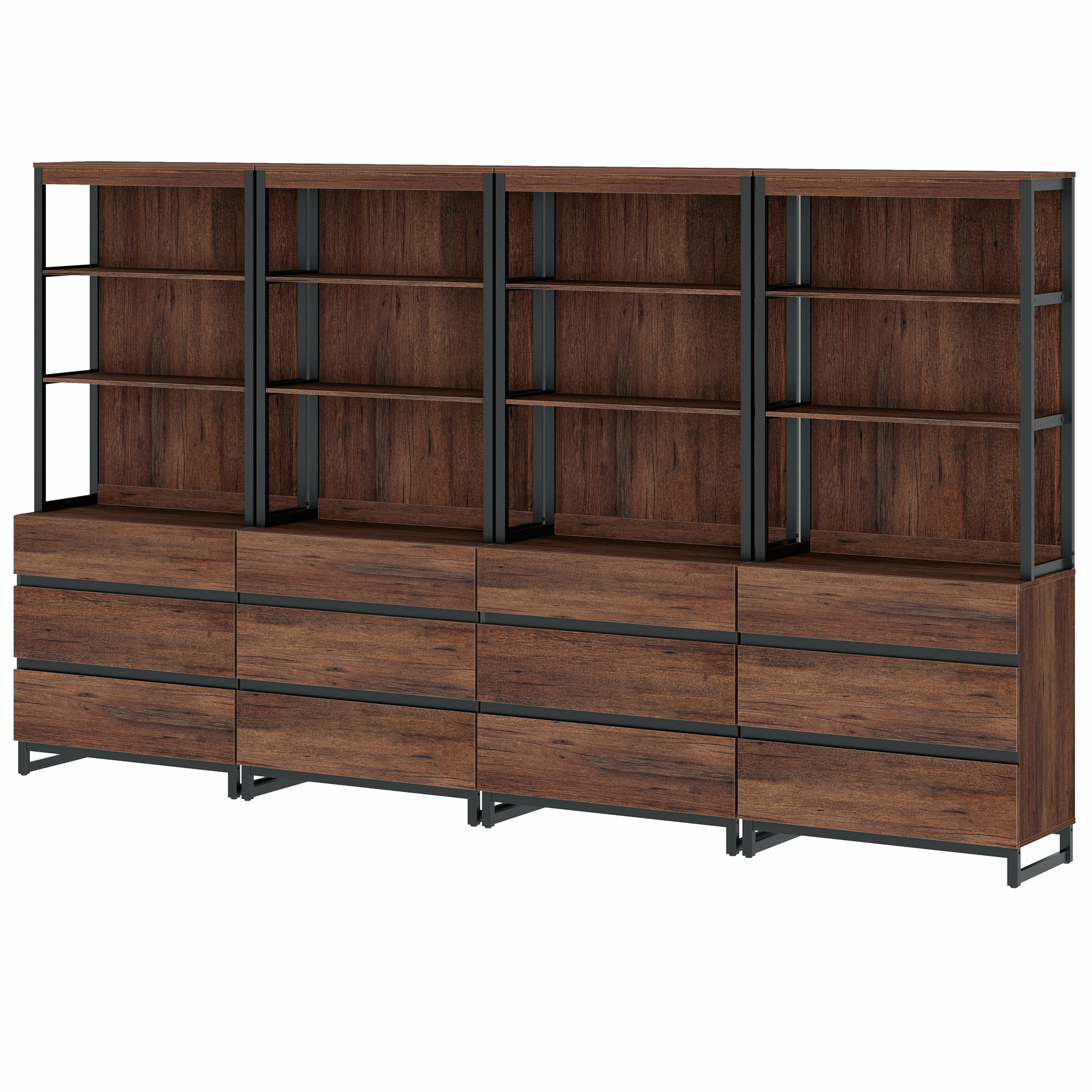 WAMPAT 4-Piece Modern 72" Tall Library Bookcases with 12 Drawers & Open Shelves, Wood Freestanding Bookshelves with Storage Cabinet & Metal Base for Home Office & Living Room, Brown