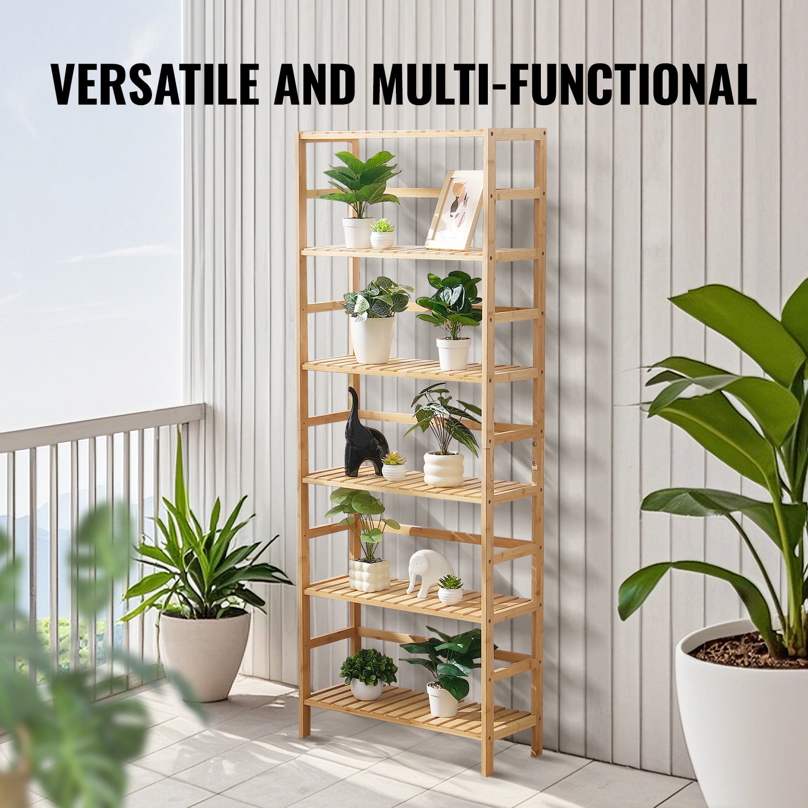 KFFKFF 6-Level Bamboo Rack, Uncovered Wooden Bookcase, Showcase Organizer, Independent Floral Plant Holder, Versatile Bamboo Shelving Perfect for Restroom, Sleeping Quarters, Workspace