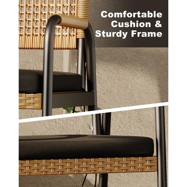 Set of 2 Patio Dining Chairs – All-Weather Wicker Rattan, Comfortable Cushions, Metal Frame, Armrests, Perfect for Garden, Lawn, Poolside, or Balcony – Black Powder & Brown Rattan