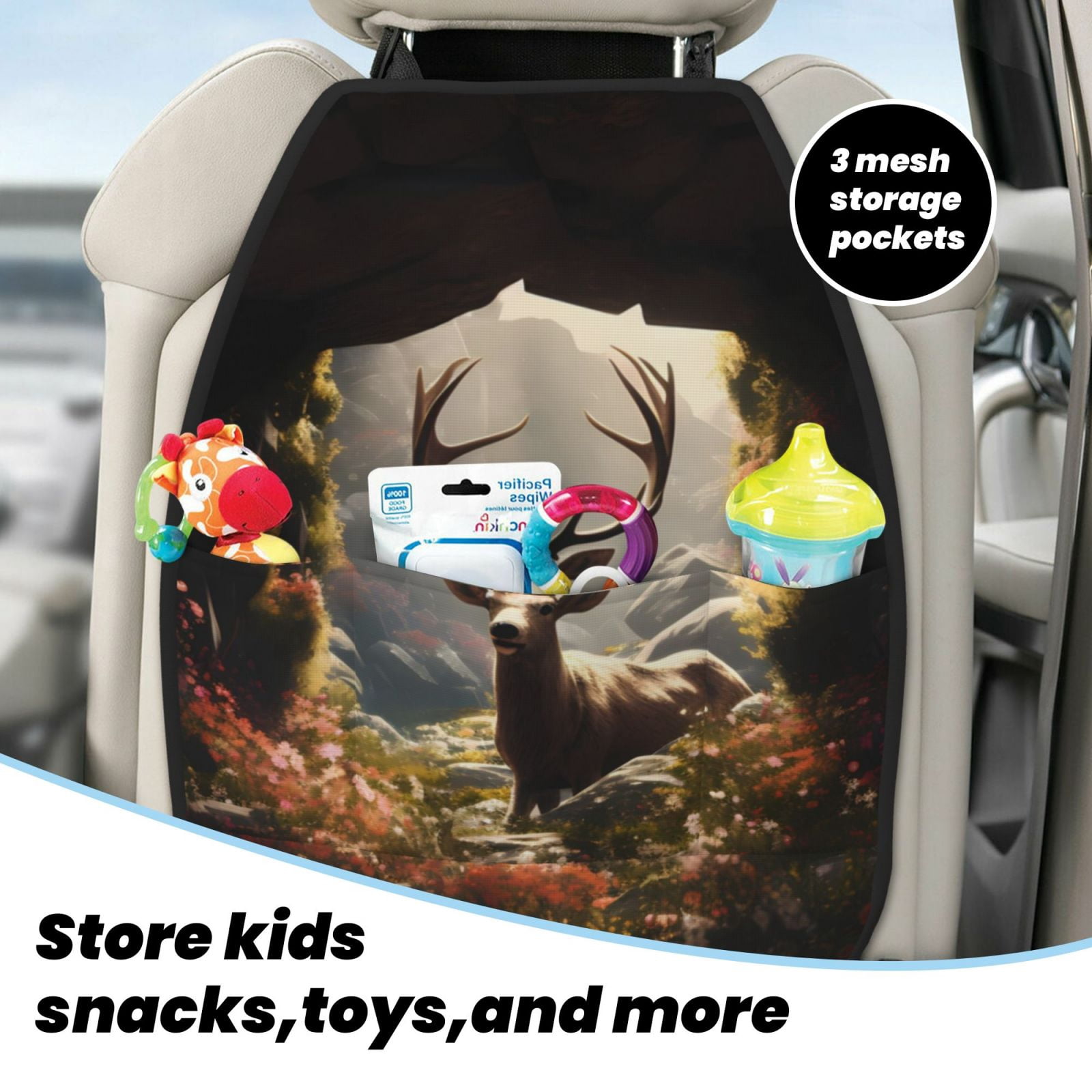 Xecao Enchanted Deer In Cave Pattern Car Seat Back Protector 2 Pack Large Capacity Pocket, Kick Mats Back Seat Protector