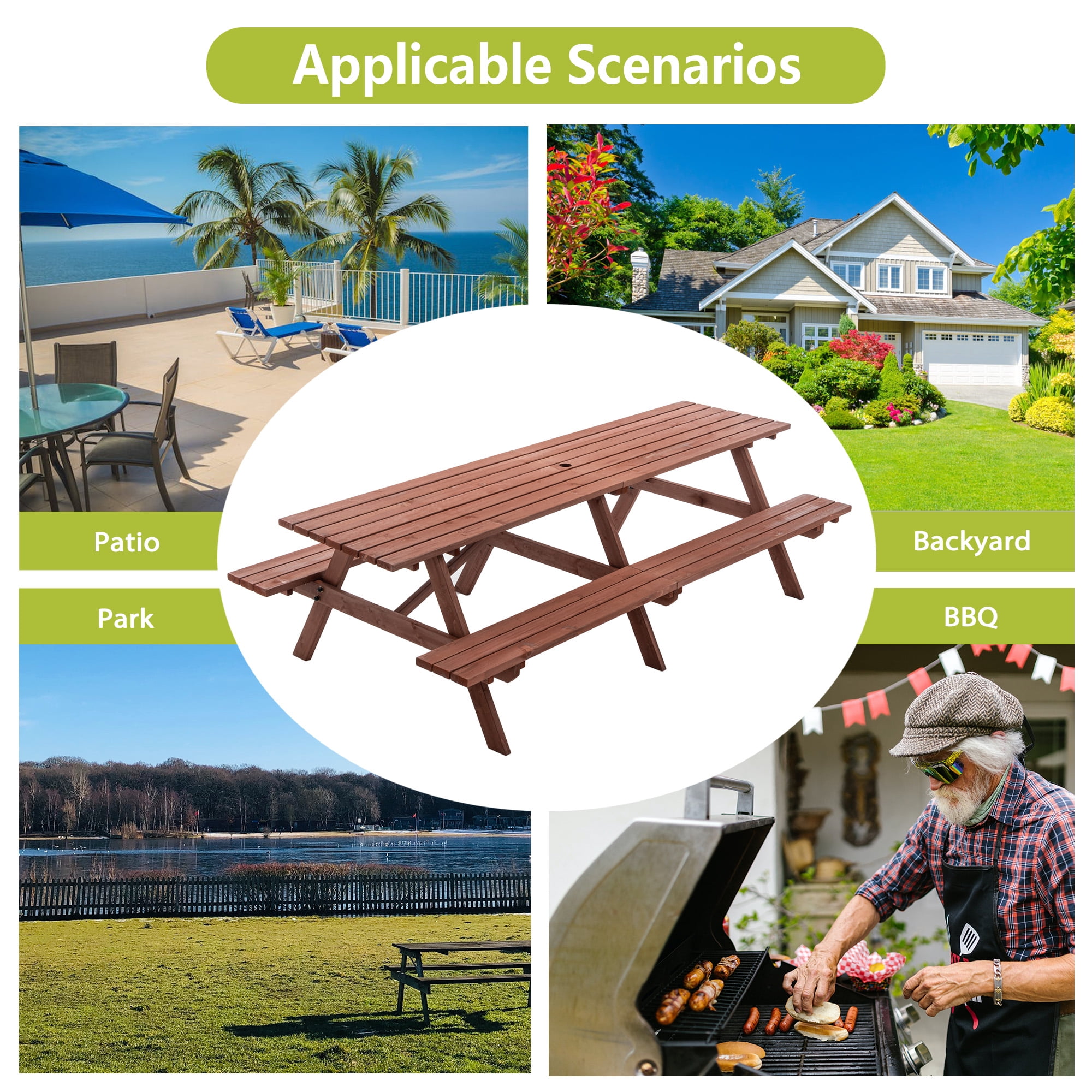 95 Inch Picnic Table,Extra Large 12-Person Wooden Picnic Table with 2 Built-In Benches,Outdoor Camping Dining Table for Backyard,Garden,Patio,2220 lbs Capacity