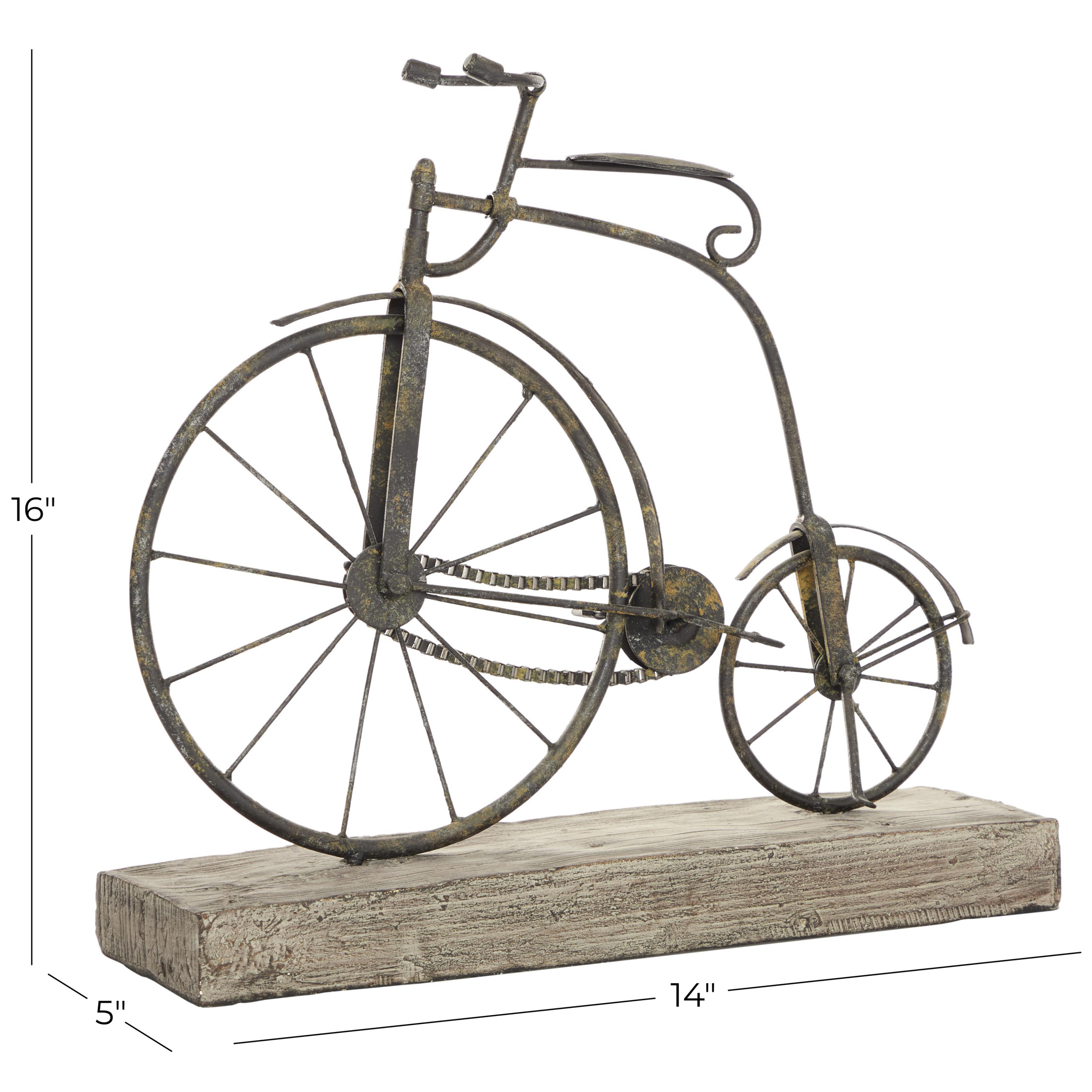 16" x 14" Black Metal Weathered Vintage Bike Sculpture with Wood Block Base, by DecMode