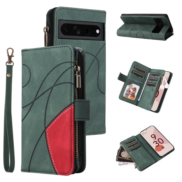 Compatible with Google Pixel 7 Pro Wallet Case with Card Slots PU Leather Zipper Flip Folio Cover