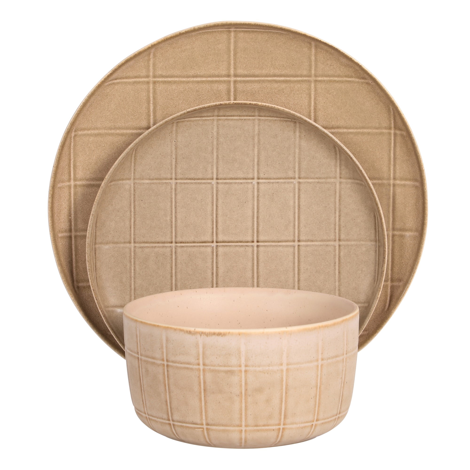 Gisbon Elite Butterwick 12 Piece Plates and Bowls Stoneware Dinnerware Set - Taupe Reactive Glaze Patterned Dishes - Microwave and Dishwasher Safe