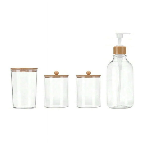 4pcs Bamboo Bathroom Accessories Set - Rustic Boho Decor, Soap Dispenser, Toothbrush Holder, 2 Cotton Swab Holder Jars