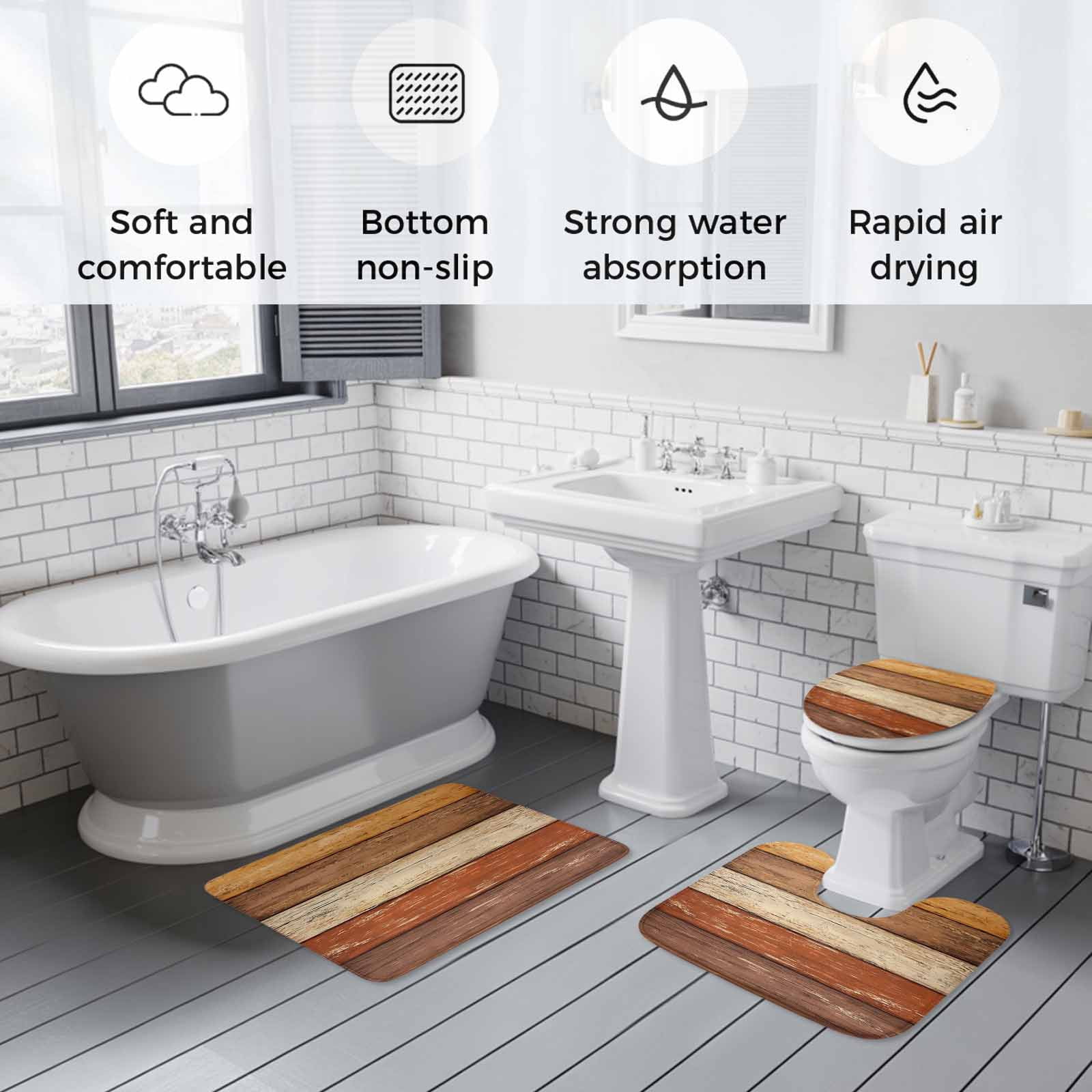 3 Piece Bathroom Rug Set, Orange Brown Wood Grain Non Slip Bath Mat with Contour Toilet Mat and Lid Cover, Vintage Farmhouse Country Style Absorbent Soft Shower Mats for Bathroom