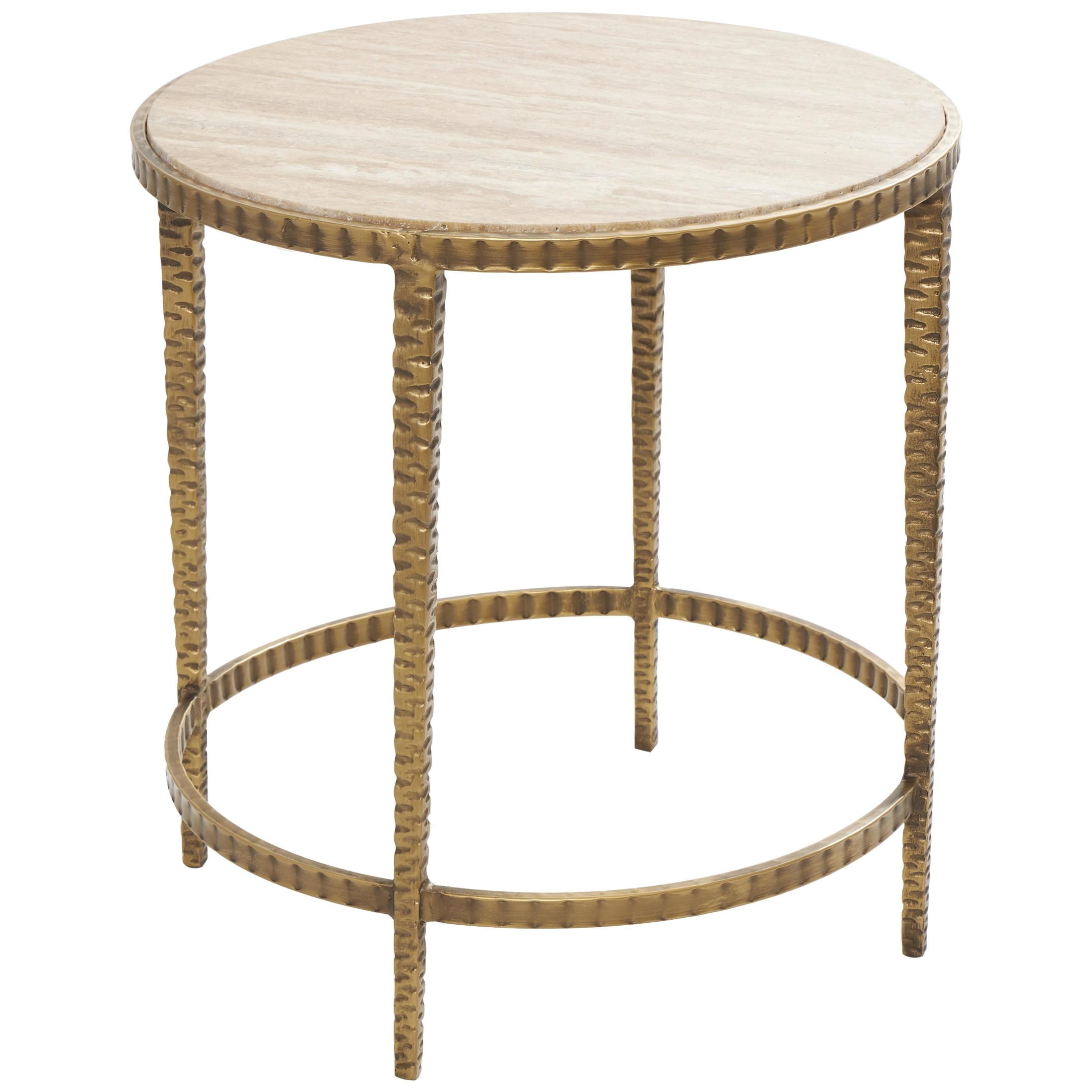 DecMode 19" x 20" Beige Marble Round Accent Table with Hammered Gold Metal Legs, 1-Piece