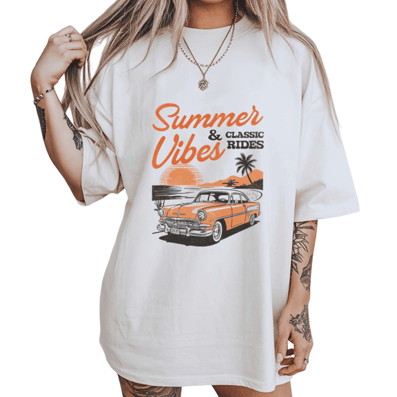 Vintage Orange Classic Car Summer Vibes Print Tshirt White S-5XL Warm Retro Graphic Tees Shirts Tops