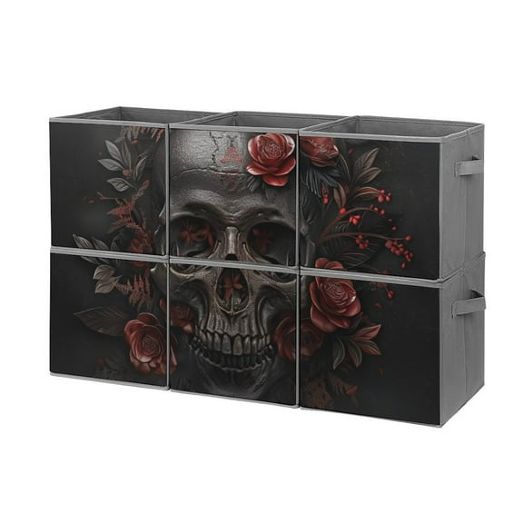 Collapsible Oxford Fabric Storage Cubes with Handles, Large Mid Foldable Oxford Cloth Bins Set of 2/6, Closet Organizers for Shelves Clothes Home Kitchen Toy - Dark Skull Flower