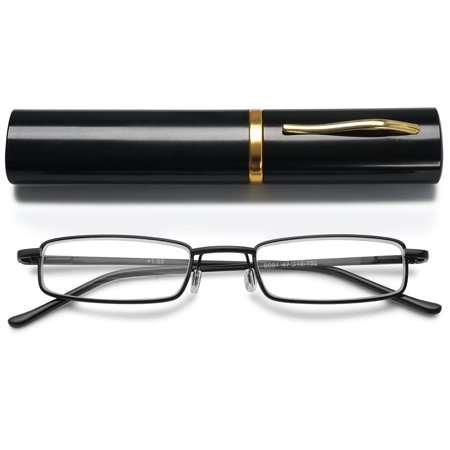 MAGIMODAC Compact Metal Reading Glasses 1.0 Spring Hinge Lightweight Portable Clip with Aluminum Case Readers Eyeglasses Travel Fit for Men and Women