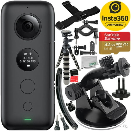 Insta360 ONE X Action Camera with 8PC Accessory Bundle – Includes: SanDisk Extreme 32GB microSDHC Memory Card + Suction Cup Mount + Gripster Tripod + Helmet Arm Mount Kit + Bike Mount Kit +