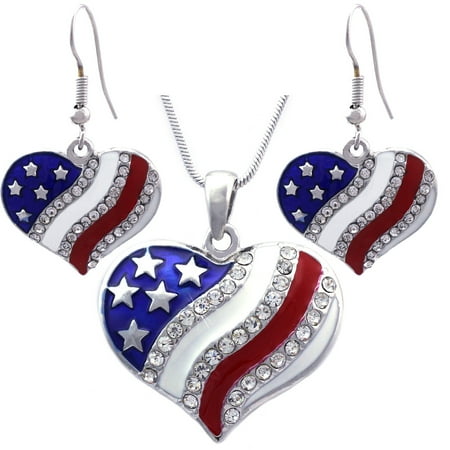 - cocojewelry 4th of July USA American Flag heart Pendant Necklace Dangle Earrings Set