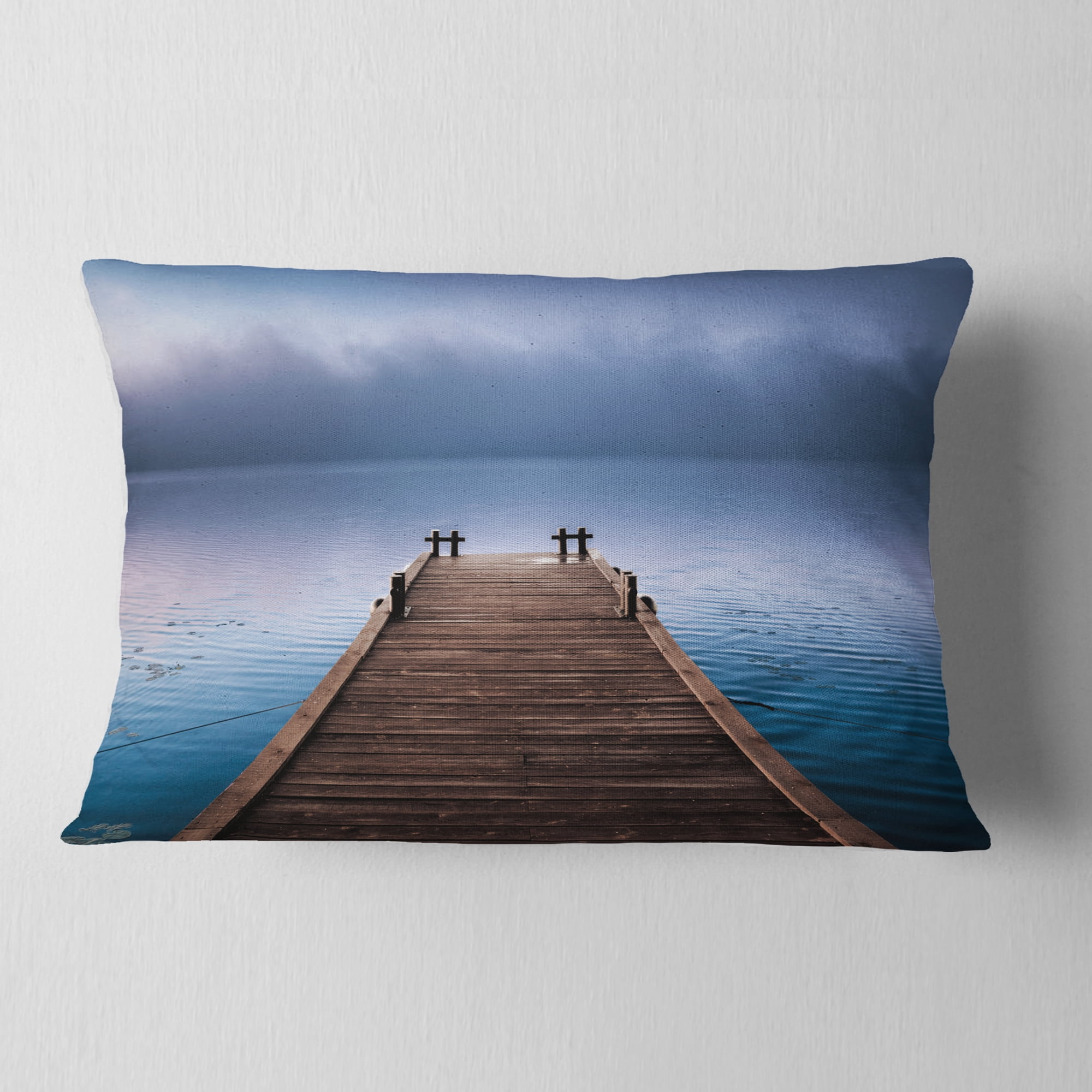 Designart Wooden Pier under Foggy Sky - Seascape Throw Pillow - 12x20