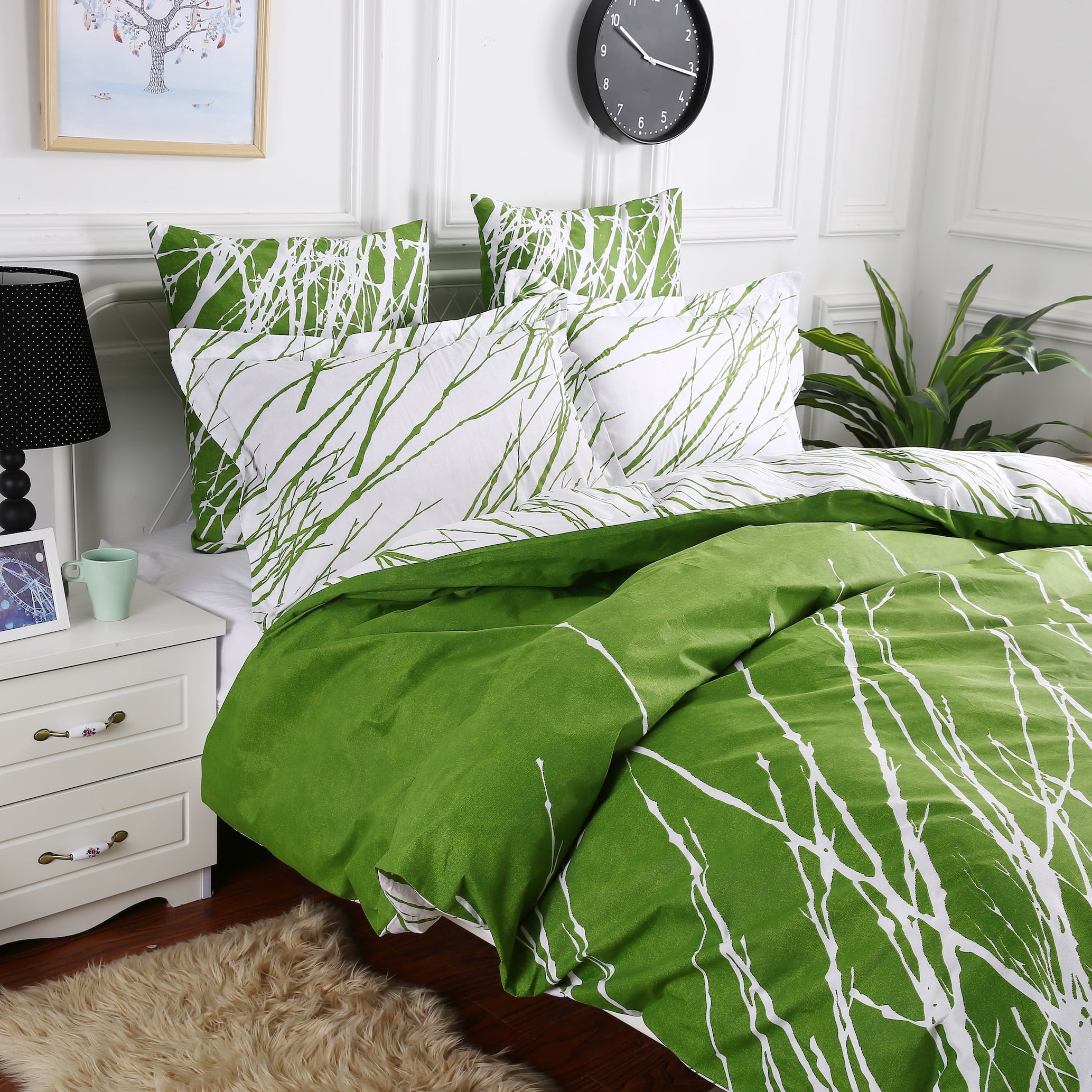 Swanson Beddings Tree Branches Reversible 5-Piece Cotton Bedding Set: Duvet Cover, Two Pillow Shams and Two Euro Shams Green Queen Size (No Comforter Included)