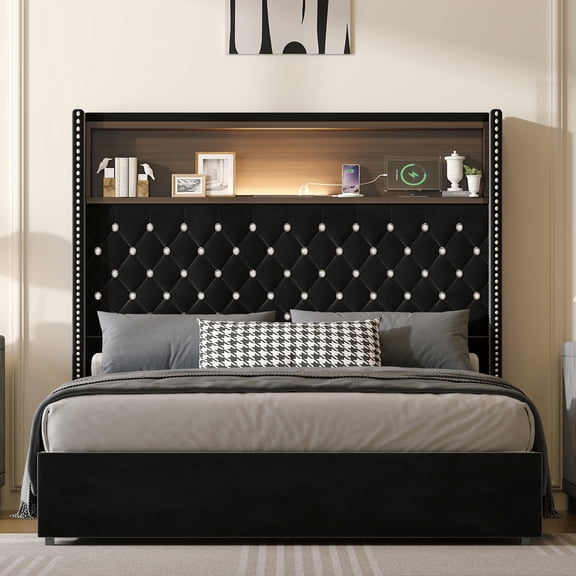 Full Size Velvet Tufted Bed Frame with USB Port & Night Light, 52" Tall Wingback Headboard with Storage Shelf, Upholstered Platform Bed Frame, Black