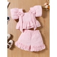 thumbnail image 5 of Aojekbee Baby Girl Summer Outfits Short Sleeve Bow Front Ruffle Tops + Shorts Set Toddler 2Pcs Clothes, 5 of 10