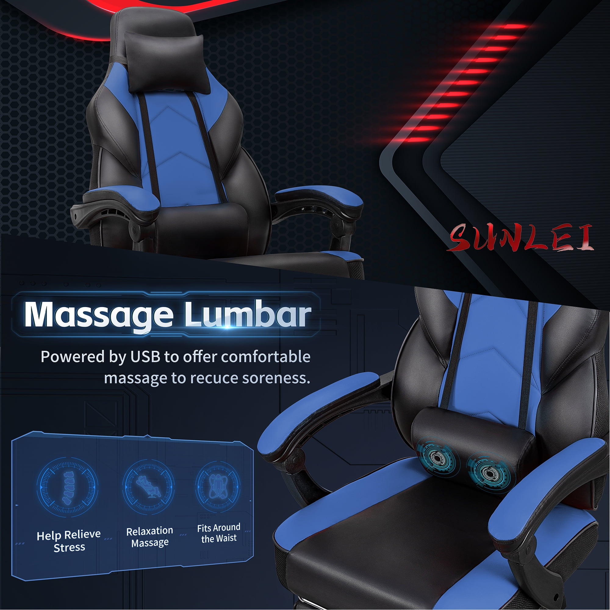 Walsunny Ergonomic Gaming Chair with Adjustable Footrest and Massage Leather Game Chair large gaming chair with Headrest and Lumbar Support for Adults, Blue