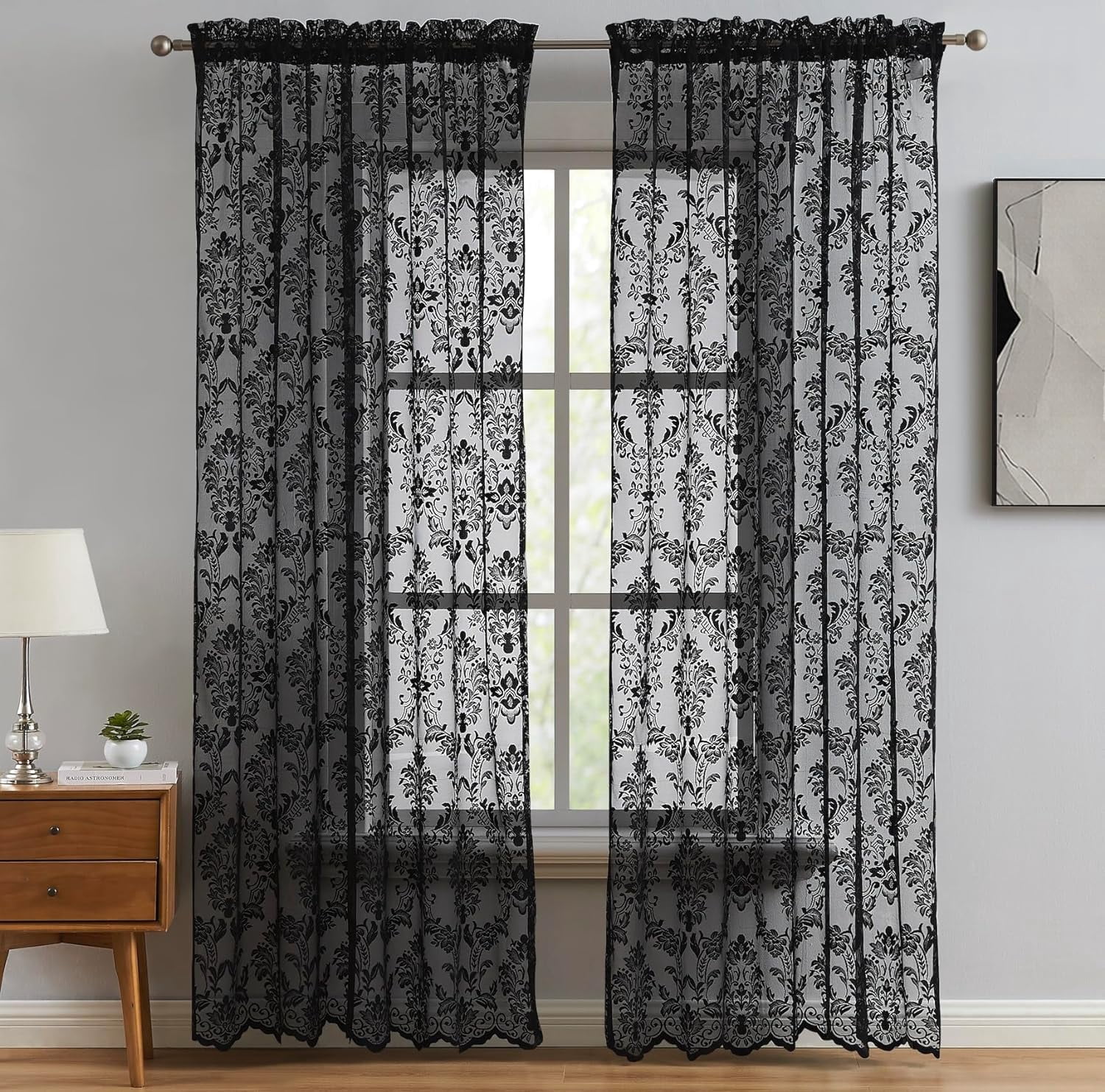 Warm Home Designs 54" W x 63" L Black Lace Curtains. FI Black 63
